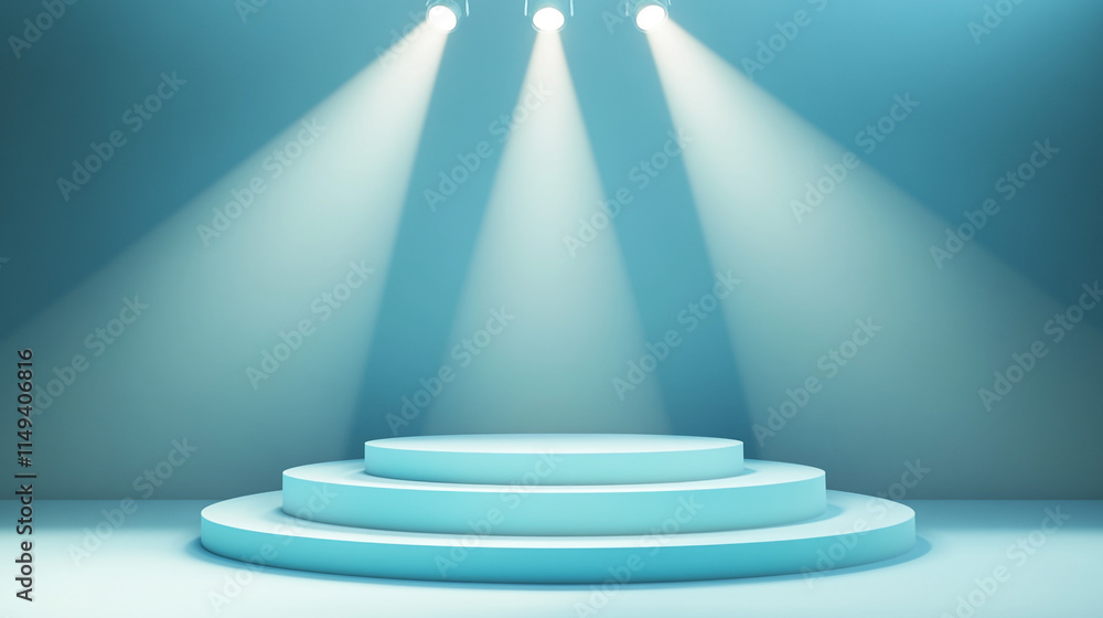 Poster stage setup with blue lighting and circular platforms for a performance.