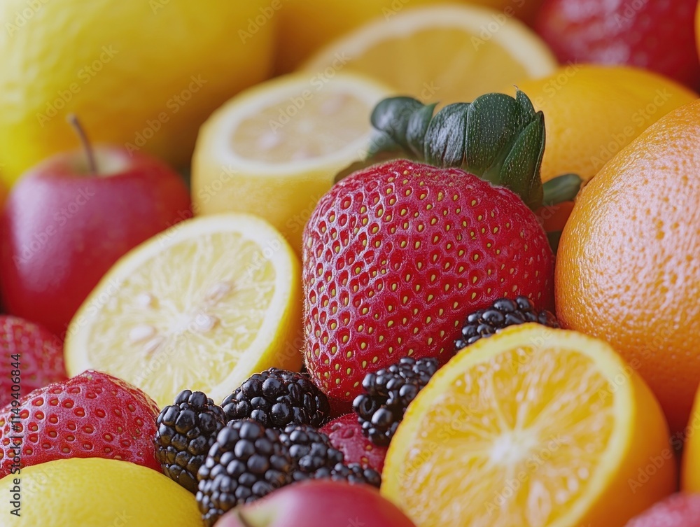 Poster close-up view of various colorful fruits in a pile.