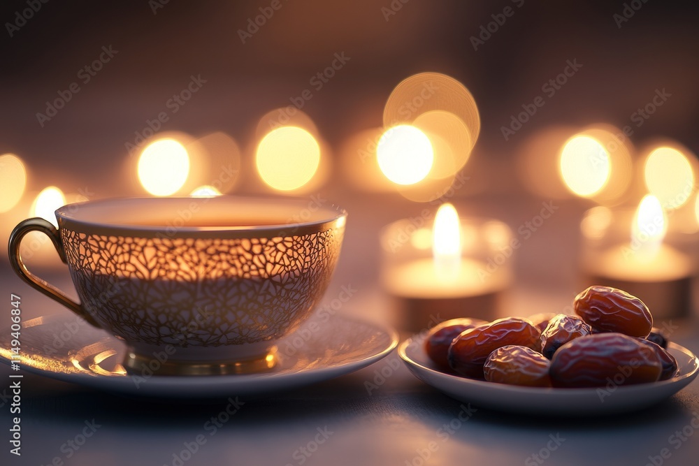 Poster cup of tea and dates with bokeh lights.