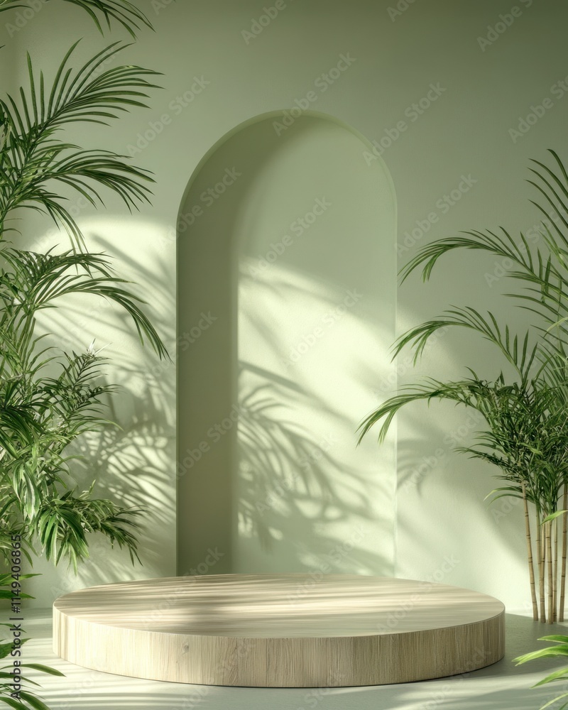 Poster minimal arch stage with plants and shadows.