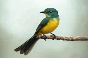 Obraz premium Vivid Green and Yellow Bird Perched on Branch