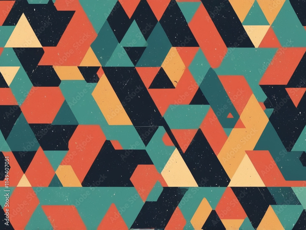 Poster a seamless geometric pattern with triangles and hexagons in bold, contrasting colors