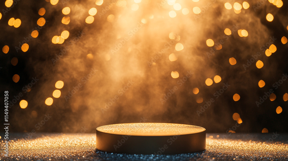 Poster spotlight illuminates circular platform with shimmering background effects.