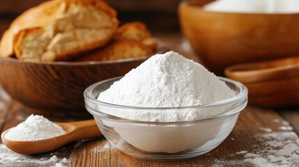 Fototapeta premium Baking soda in a transparent container, sitting next to a bowl of freshly mixed dough.