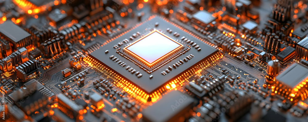 Poster a close-up view of a computer chip on a circuit board, glowing with energy.