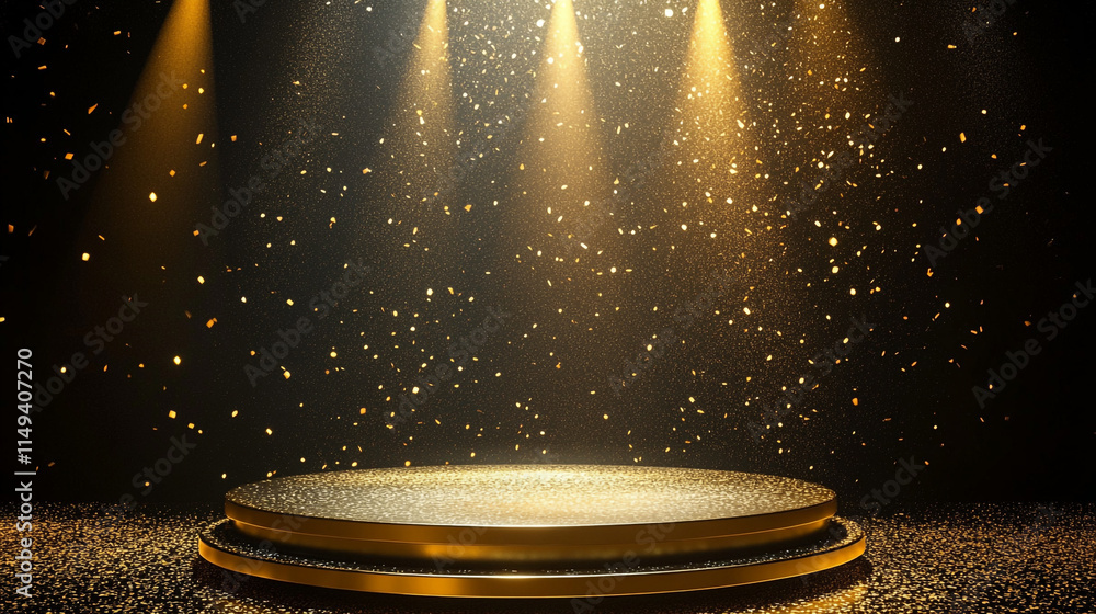 Poster illuminated stage with golden lights and sparkling background for performances.