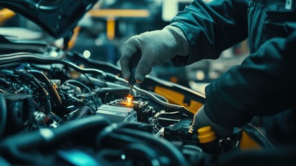 Fototapeta na wymiar Technician Hands of car mechanic working repair in auto repair Service electric battery and Maintenance of car battery. Check the electrical system inside the car