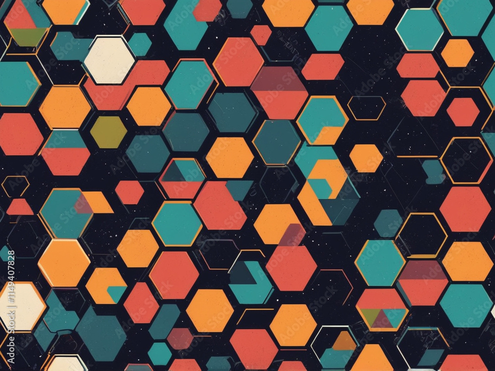 Poster a seamless geometric pattern with triangles and hexagons in bold, contrasting colors