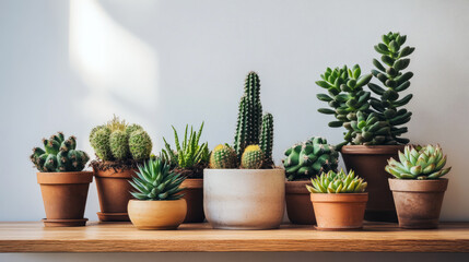 Fototapeta premium Variety of cacti and succulents in clay pots on wooden shelf with natural lighting