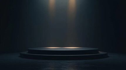 Spotlight shining on a circular stage in a darkened space for performances. 