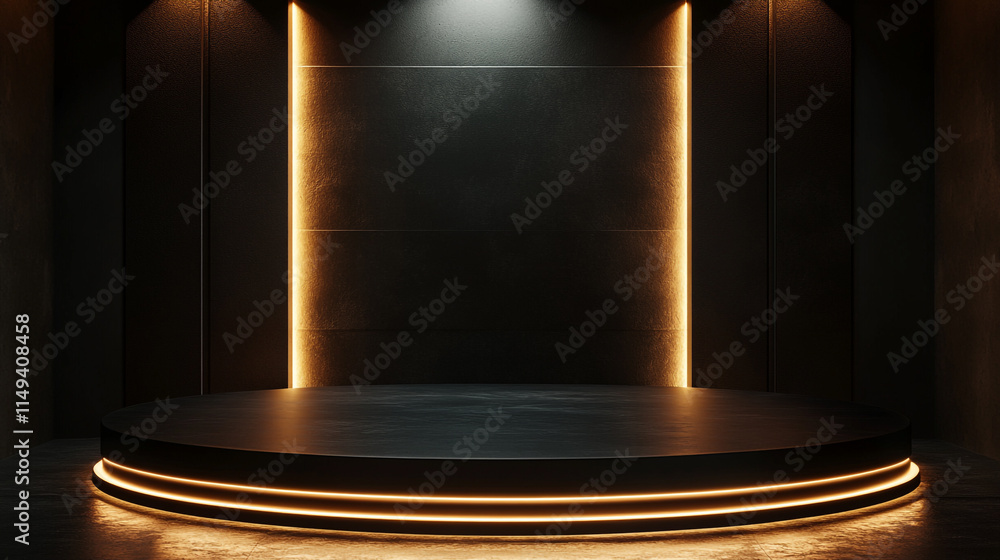 Poster modern empty stage with soft lighting and dark backdrop for performances.