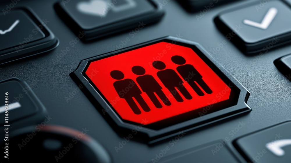 Poster closeup of red button on black keyboard, detail of modern input device for technology and communicat