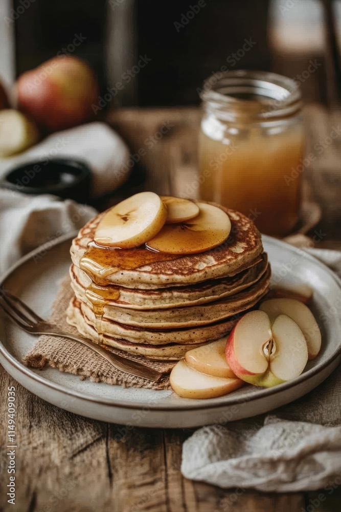 Poster stacked pancakes topped with apple slices and syrup on a rustic surface.