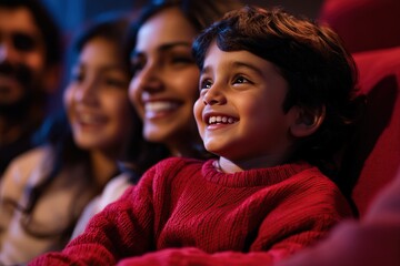 Child Smiles Joyfully Watching Movie with Family in Theater, Experiencing Cinematic Wonder