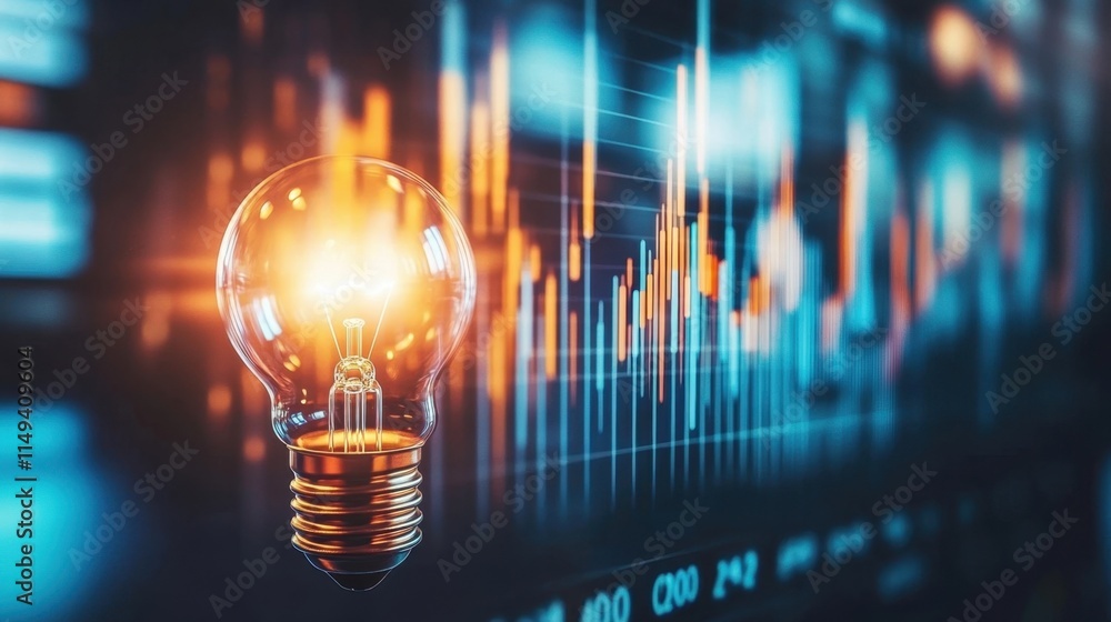 Poster light bulb illuminating growing graph with financial data analysis