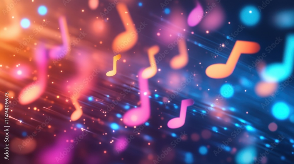 Poster colorful musical notes in abstract background with bokeh effect