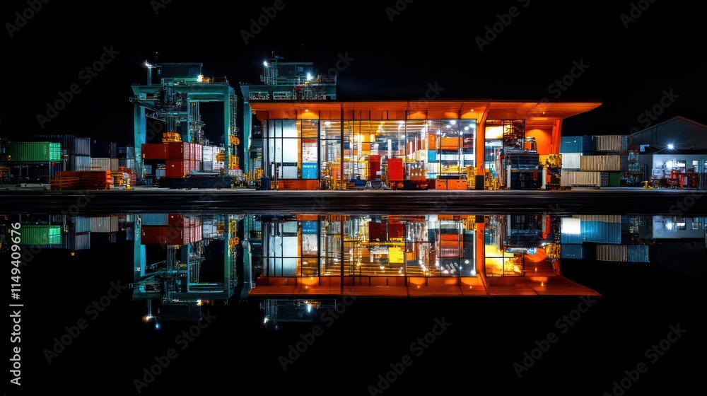 Poster night port with lit building and cranes reflected in water.