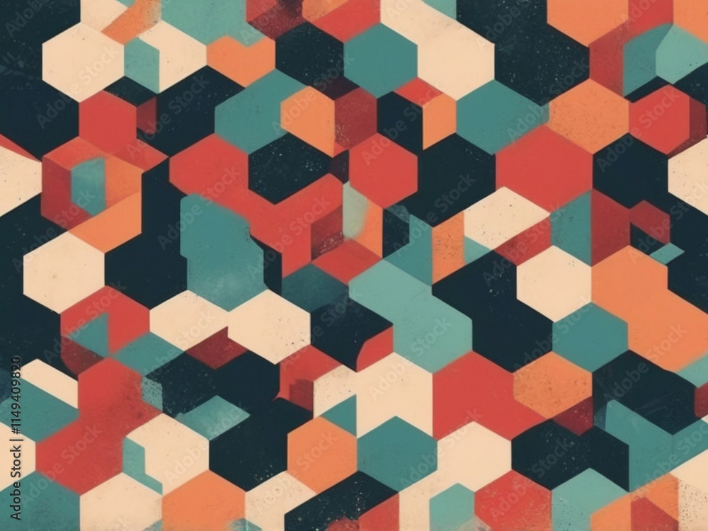 Poster a seamless geometric pattern with triangles and hexagons in bold, contrasting colors