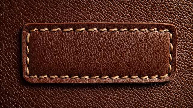 Close up view of brown leather patch with beige stitching. High quality genuine leather texture detail. Craftsmanship in leather goods design. Natural material element. Vintage style. Brown leather