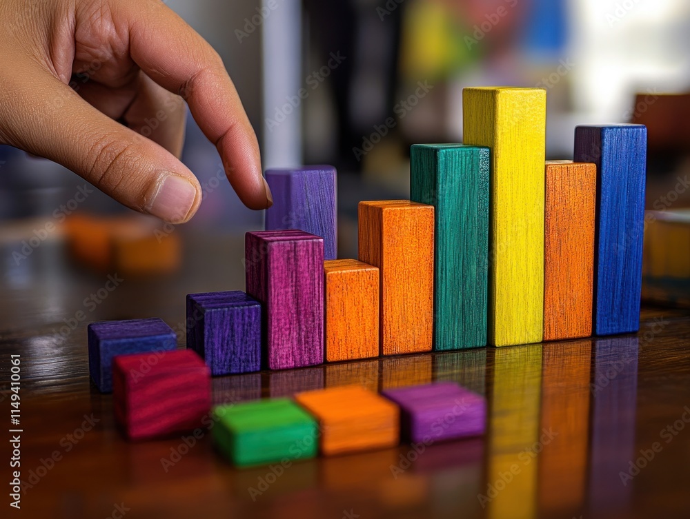 Aufkleber hand reaching towards wooden block graph on table.