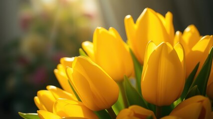 A radiant bouquet of sunlit yellow tulips, their vibrant petals glowing with warmth and beauty.