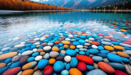 A serene lake reflects autumnal mountains. Its bed is covered in smooth, colorful pebbles, creating a stunning visual contrast. The scene is peaceful and picturesque.