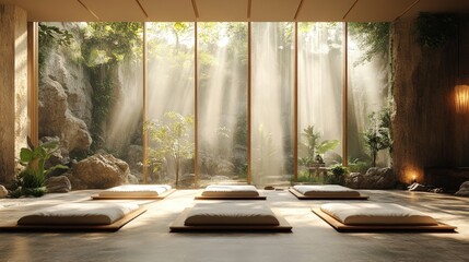 Serene room, meditation mats, waterfall view.