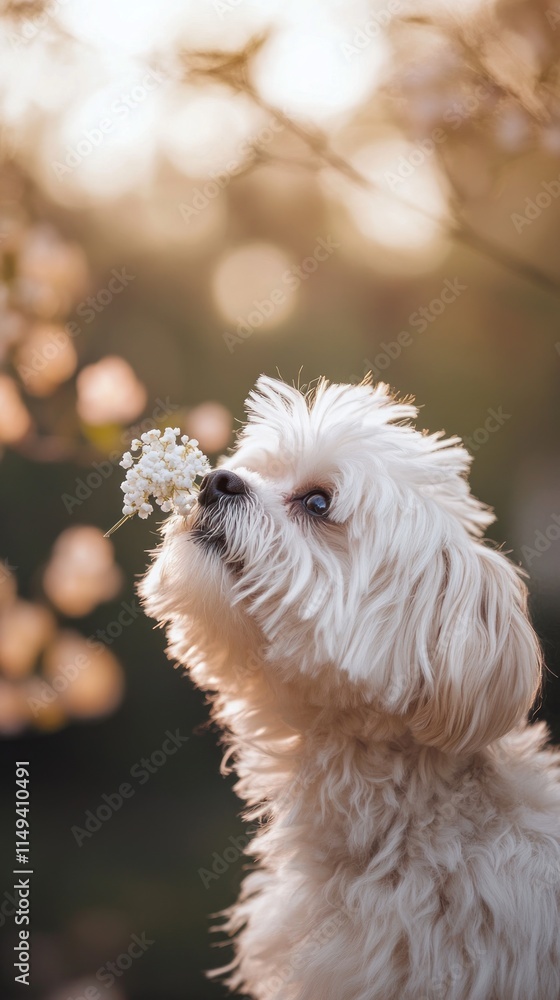 Aufkleber white dog sniffs blossoms in soft light with bokeh background.