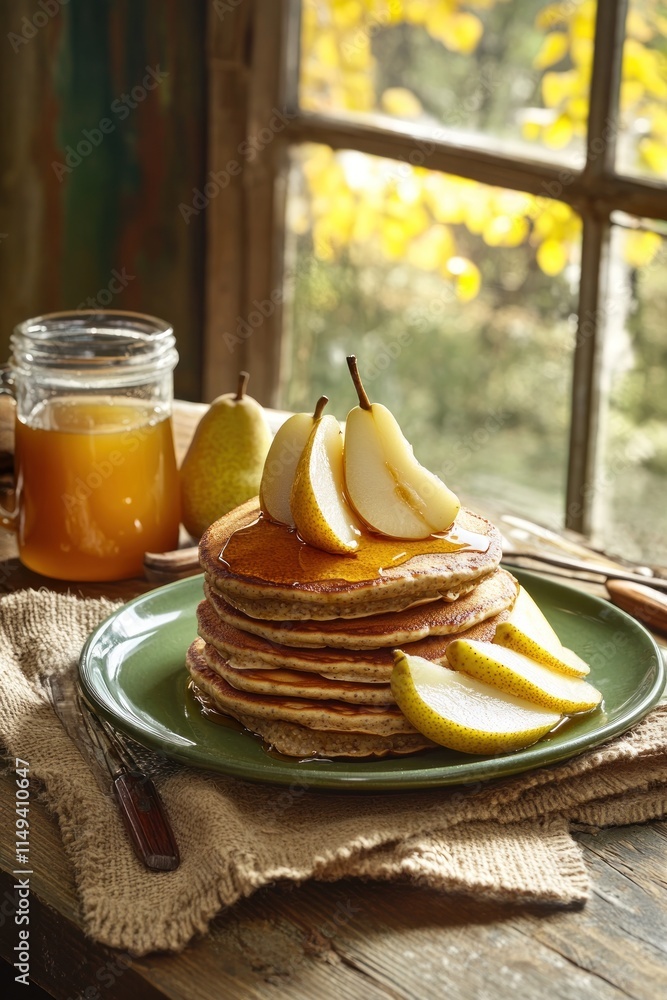 Aufkleber stacked pancakes with pears and syrup next to window.
