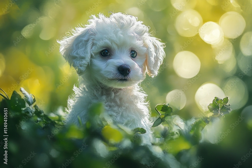 Poster white puppy sits among foliage with bokeh.