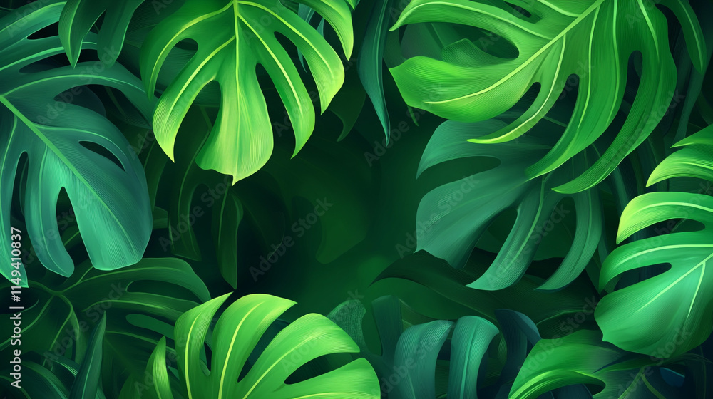Poster lush green leaves creating a vibrant jungle backdrop with shades of deep green and intricate pattern