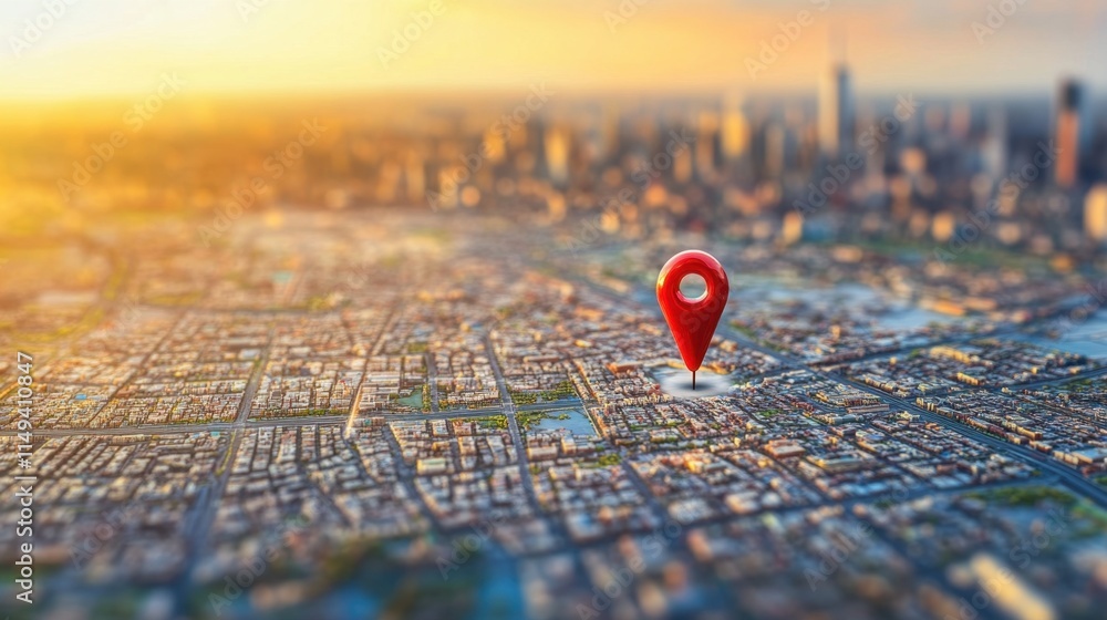 Poster close-up view of a 3d map with location pin on city background