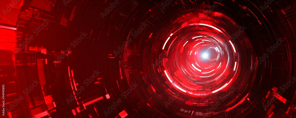 Poster abstract digital tunnel with red tones and a central light source.