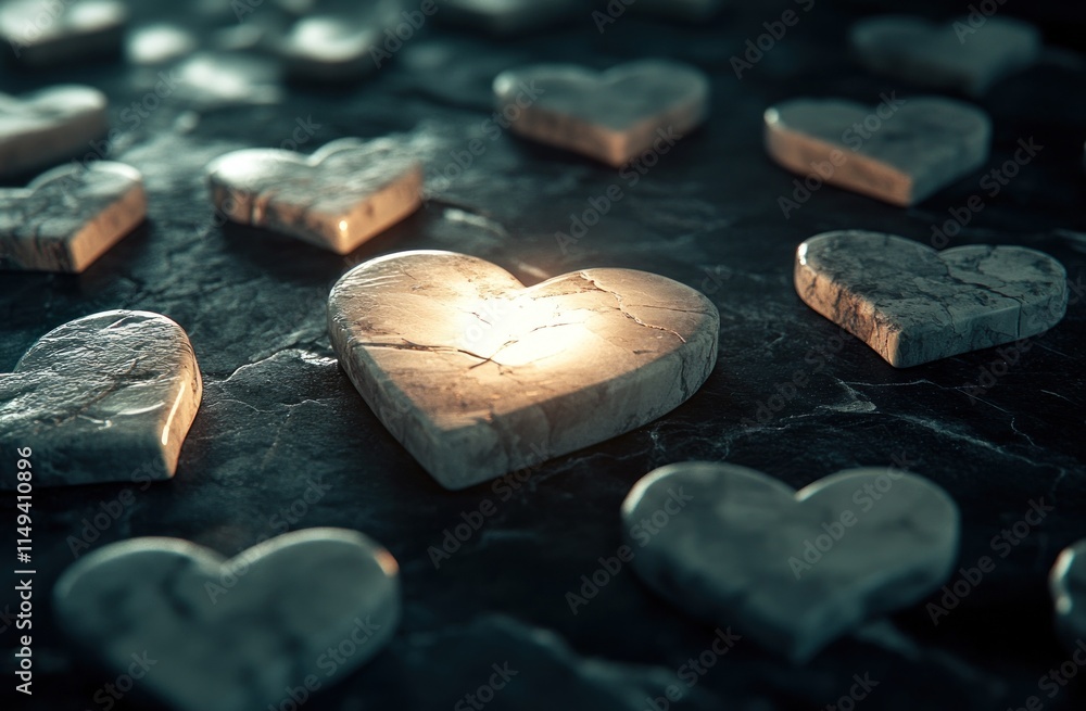 Poster stone hearts scattered on dark surface with one illuminated heart.