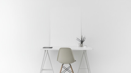 Minimalist workspace with chair and plant on white background
