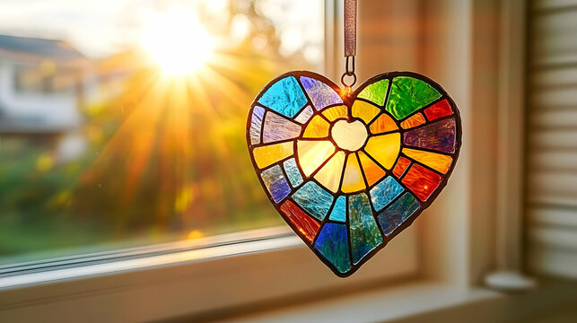 Rainbow Heart Stained Glass Suncatcher Window Hanging