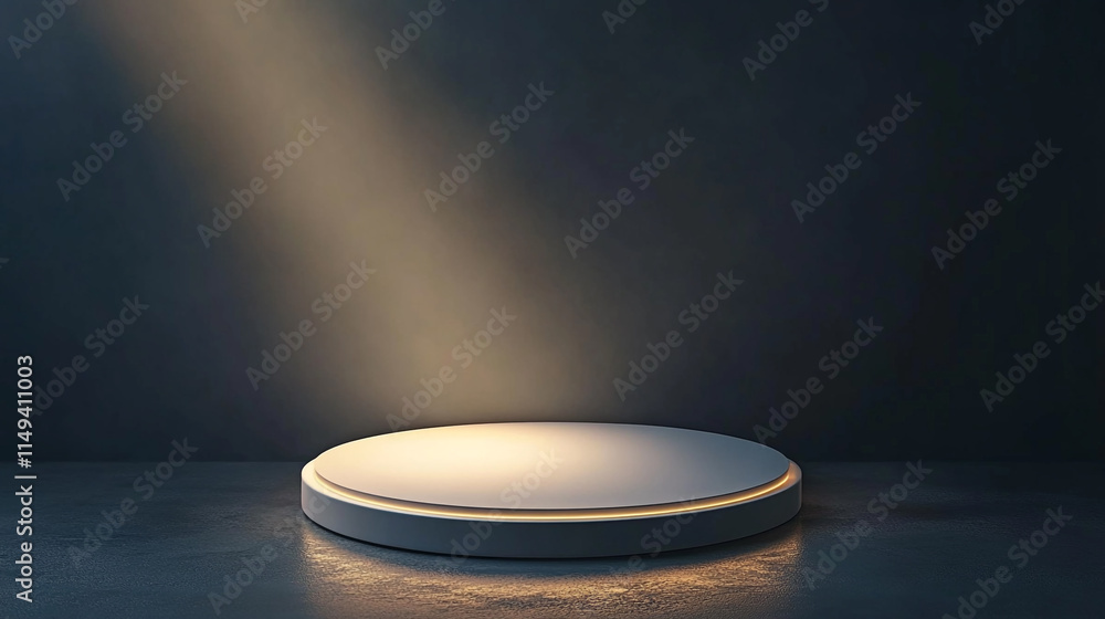 Poster minimalistic pedestal illuminated by soft light in a dark setting.