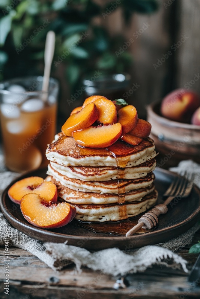 Poster stacked pancakes with peach slices and syrup, iced tea in background.