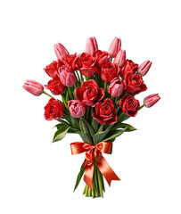 A beautiful bouquet of red and pink tulips with green leaves, tied with an elegant satin ribbon bow. Perfect for celebrations, Valentine's Day, or romantic themes. Isolated on a white background.