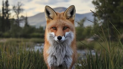 Fototapeta premium Majestic Red Fox in Wild Nature, Serene Landscape, Stunning Portrait