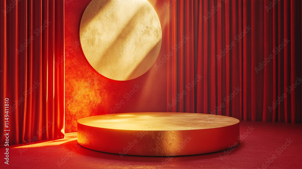 Aufkleber reflective stage set with circular backdrop and warm lighting in a red room.