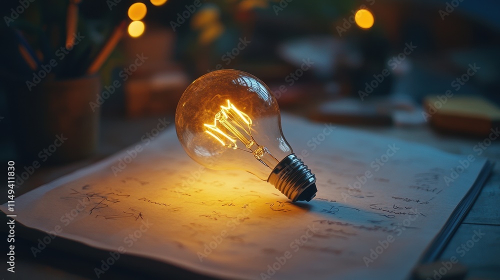 Aufkleber glowing light bulb on table with notes and creative workspace
