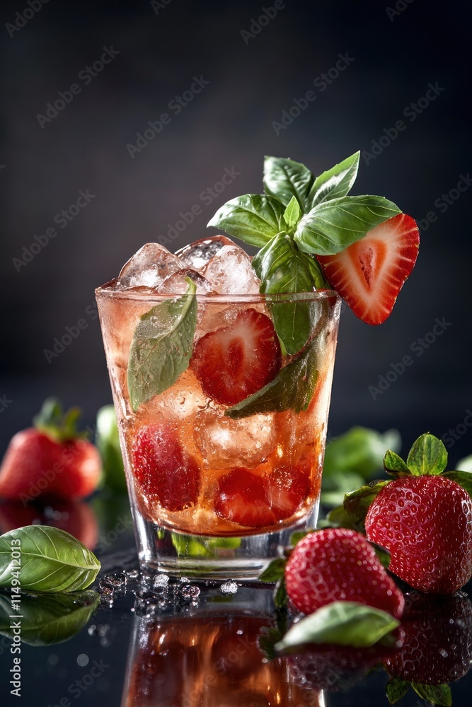 Poster strawberry and basil drink on dark surface.