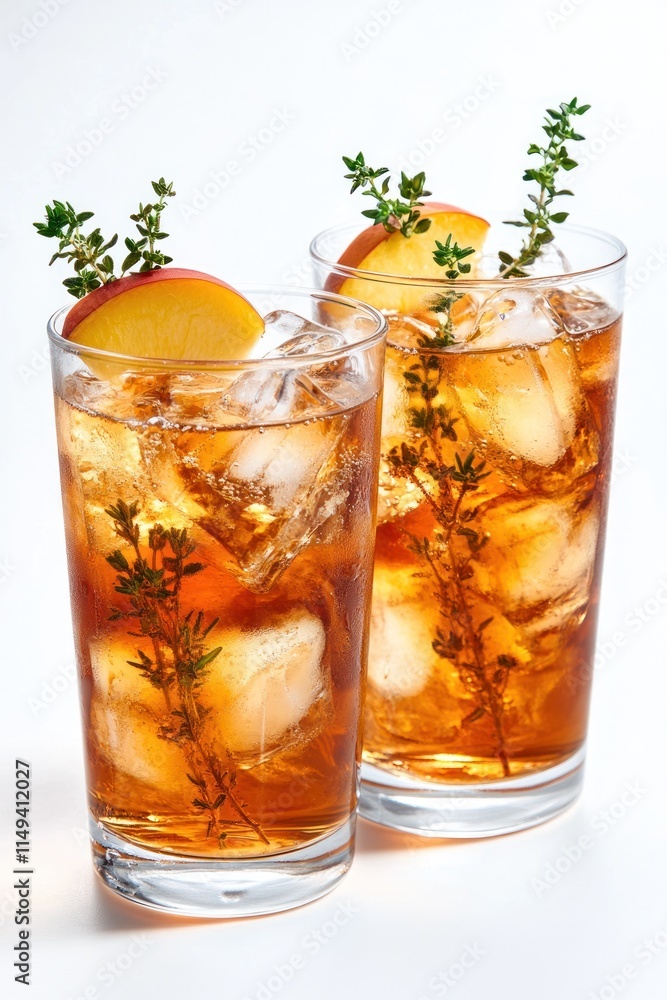 Aufkleber two iced tea drinks with peach and thyme garnish on white background.