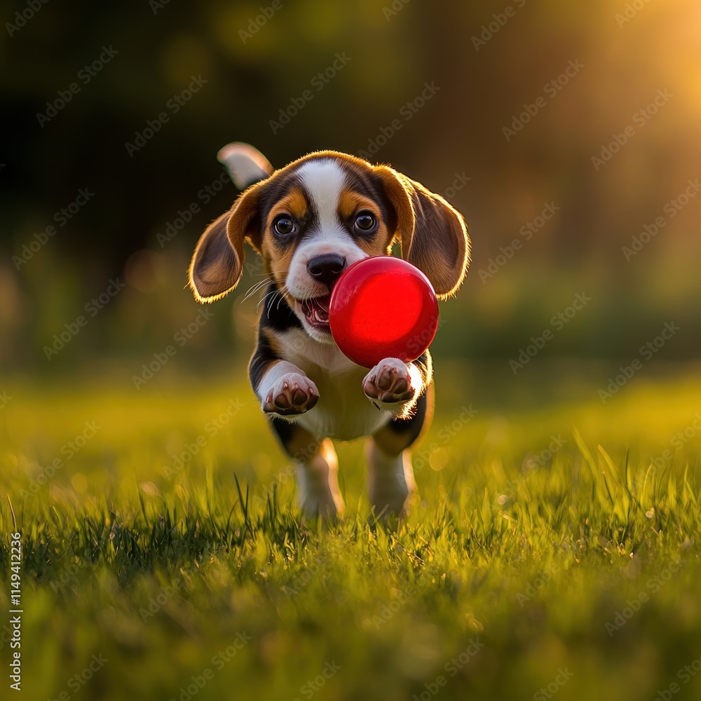 Poster beagle puppy runs with a toy.