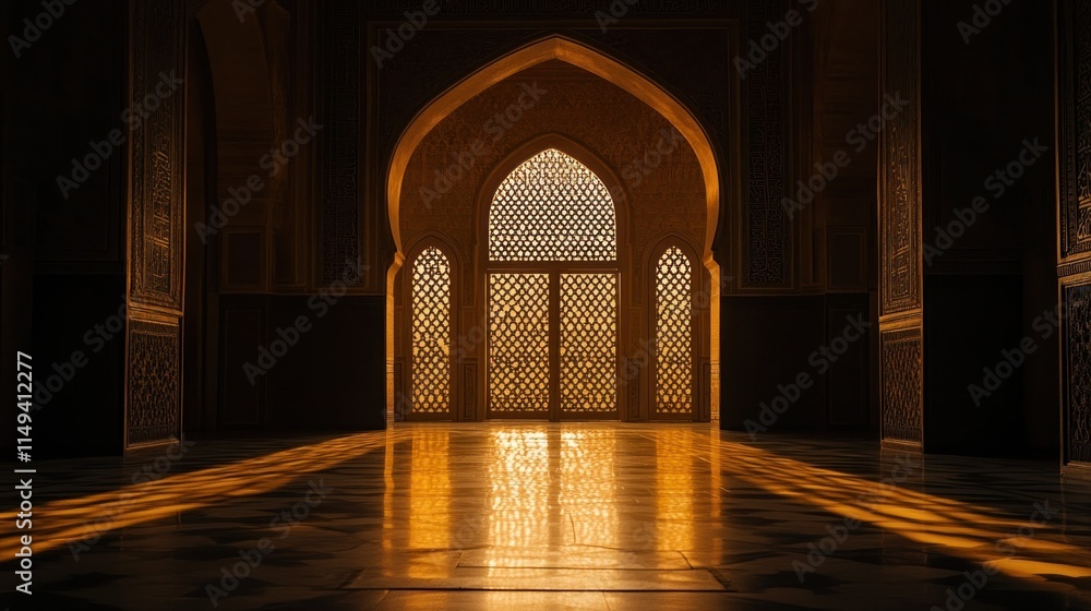 Poster Arched window with light casting golden floor patterns.