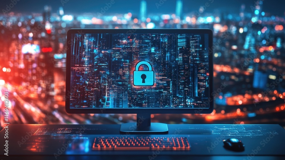 Poster digital security concept with lock symbol on computer screen
