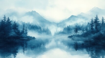 Misty mountain lake reflecting serene forest.