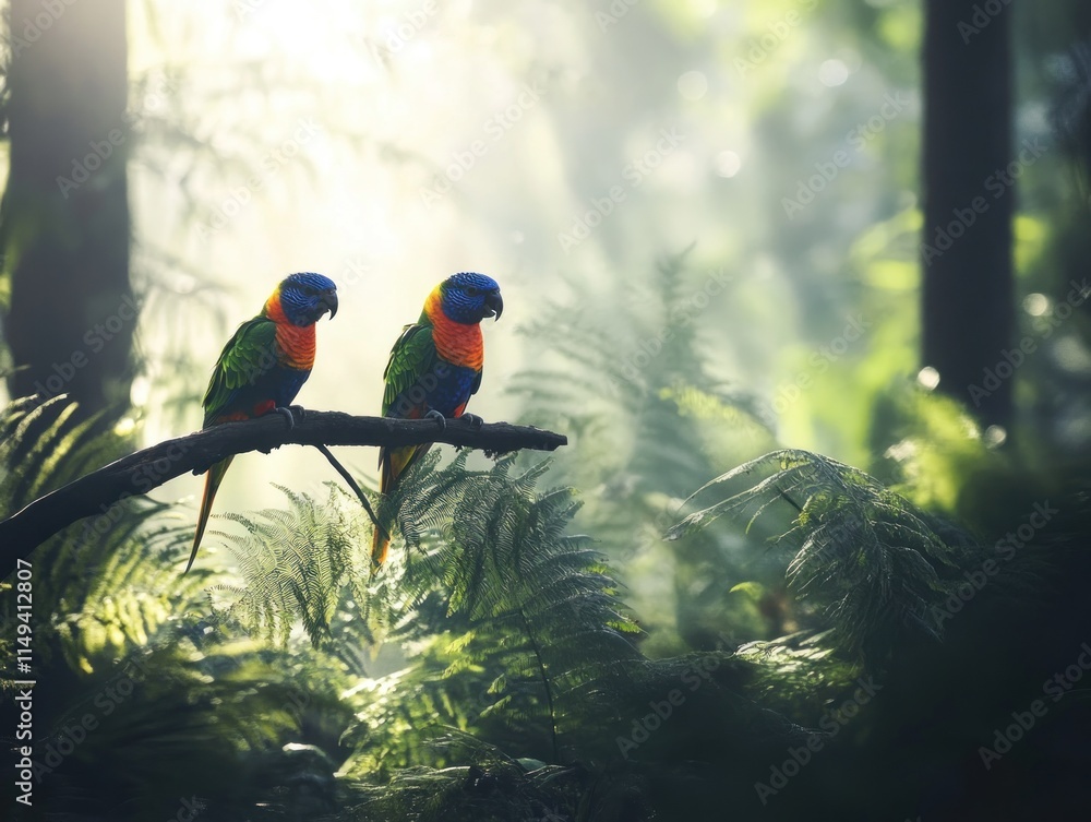 Aufkleber two parrots sit on a branch in misty forest.