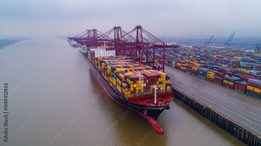 Poster container ship being loaded with goods at a port on a cloudy day.